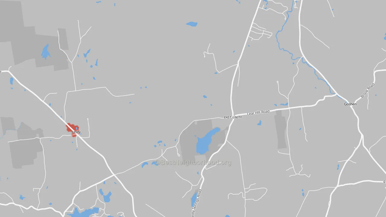 Walk Grade map of East Unity, NH, walkable areas in green and car-dependent areas in red