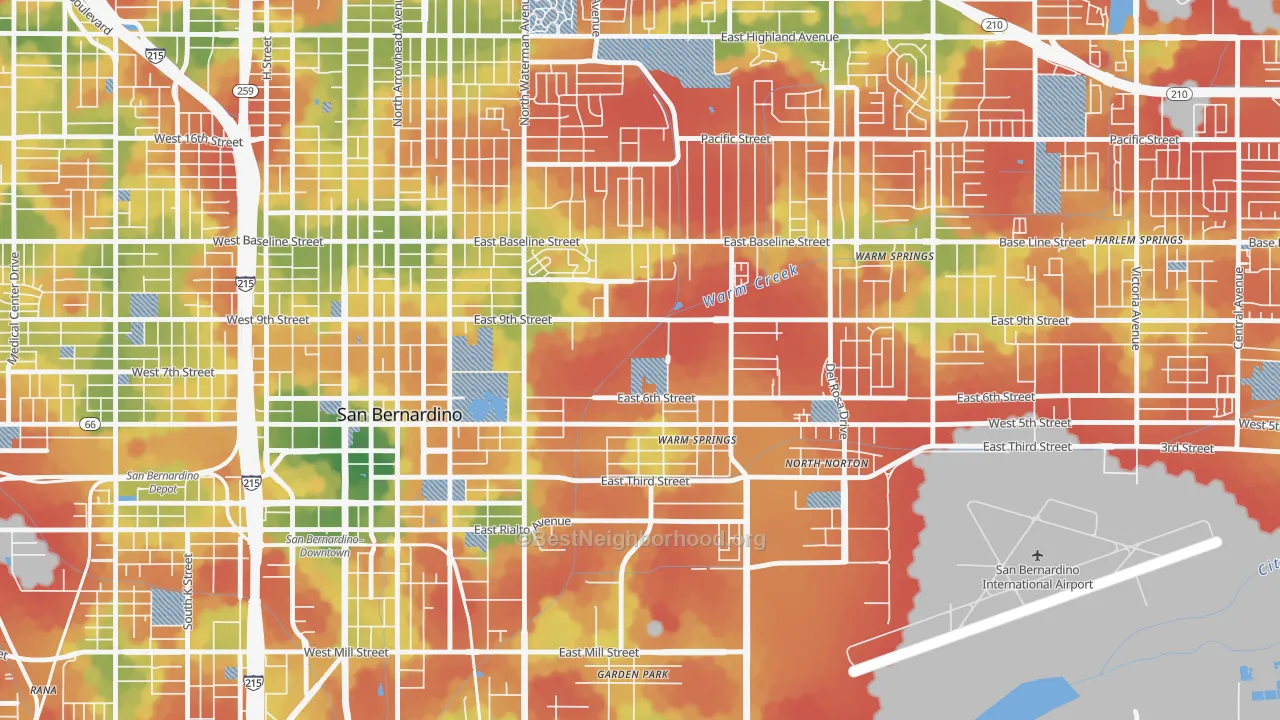 Walk Grade map of East Valley, San Bernardino, CA, walkable areas in green and car-dependent areas in red