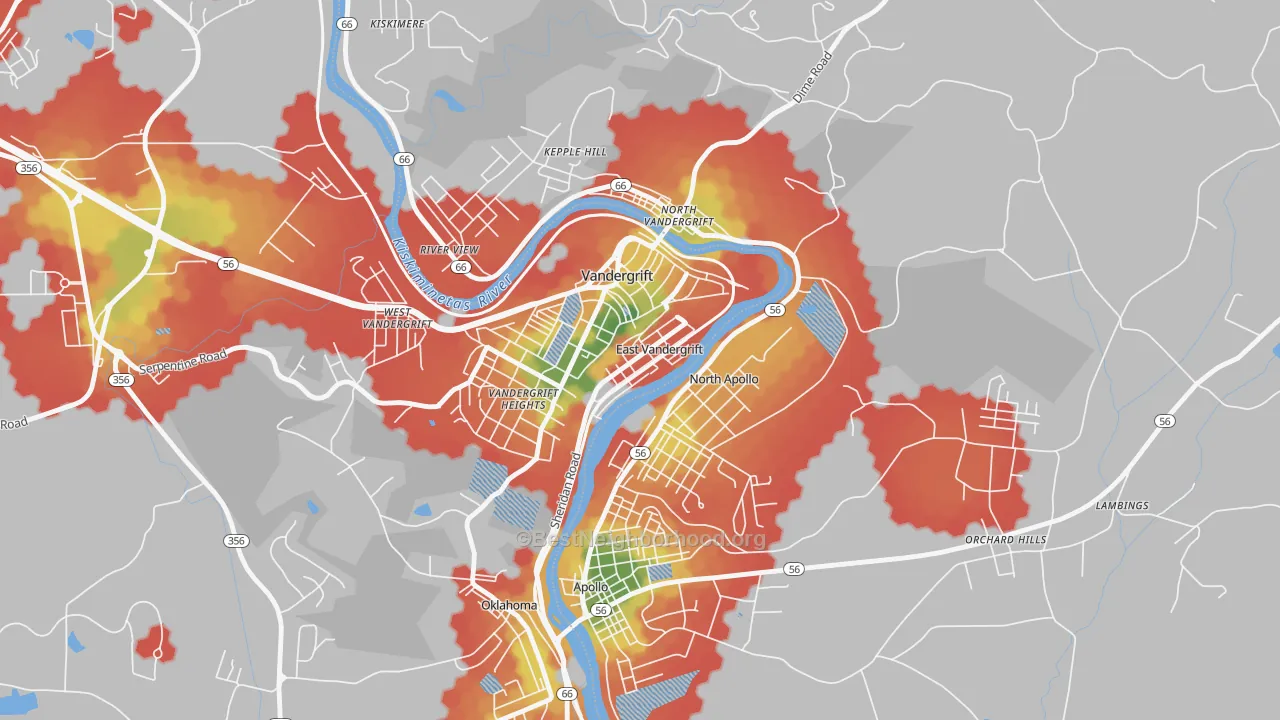 Walk Grade map of East Vandergrift, PA, walkable areas in green and car-dependent areas in red