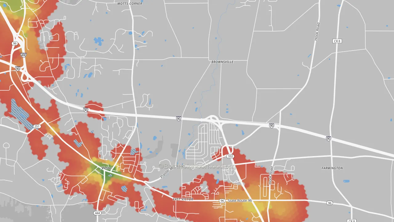 Walk Grade map of East Victor, NY, walkable areas in green and car-dependent areas in red