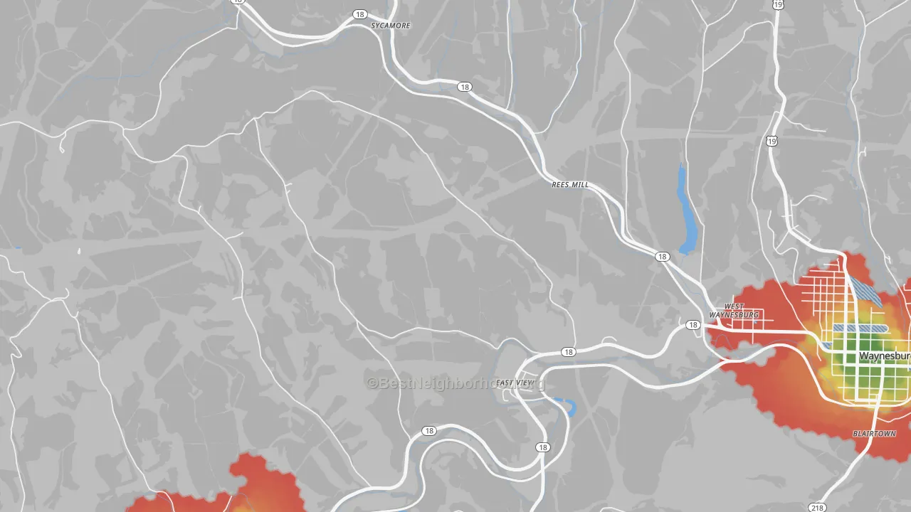 Walk Grade map of East View, PA, walkable areas in green and car-dependent areas in red