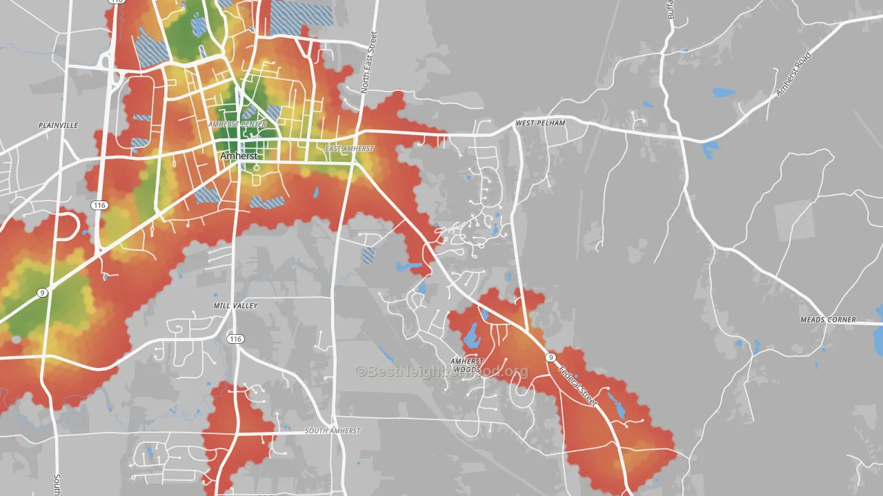 Walk Grade map of East Village, Amherst, MA, walkable areas in green and car-dependent areas in red