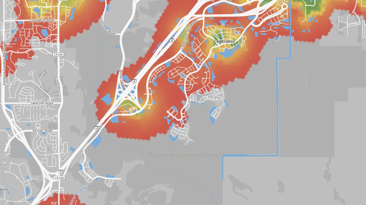 Walk Grade map of East Village, Celebration, FL, walkable areas in green and car-dependent areas in red