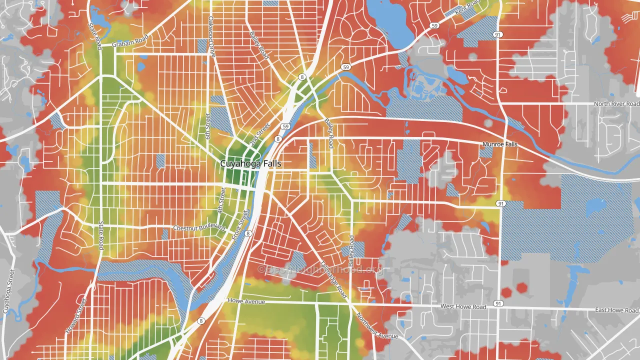 Walk Grade map of East Village, Cuyahoga Falls, OH, walkable areas in green and car-dependent areas in red