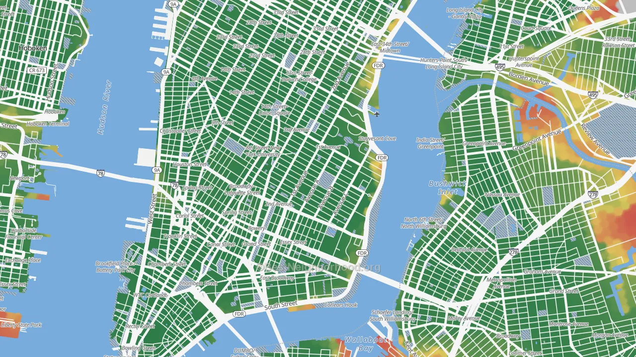 Walk Grade map of East Village, Manhattan, NY, walkable areas in green and car-dependent areas in red