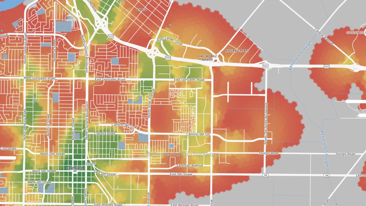 Walk Grade map of East Village Oxnard, Oxnard, CA, walkable areas in green and car-dependent areas in red
