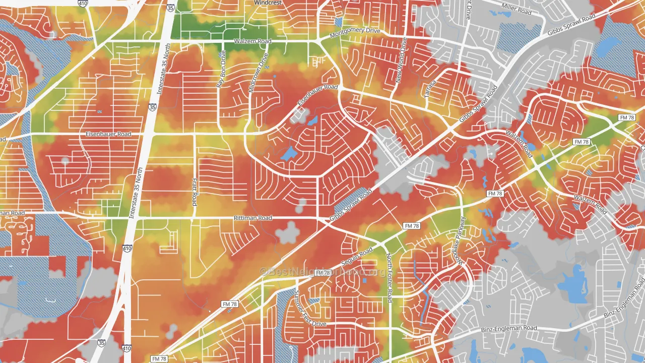 Walk Grade map of East Village, San Antonio, TX, walkable areas in green and car-dependent areas in red