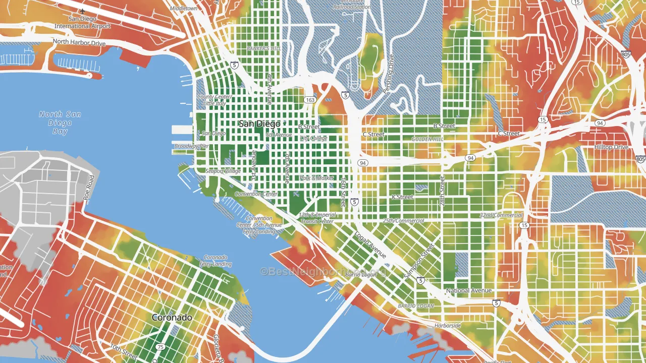 Walk Grade map of East Village, San Diego, CA, walkable areas in green and car-dependent areas in red