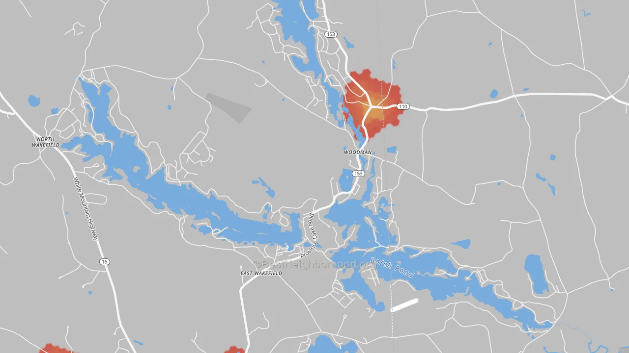 Walk Grade map of East Wakefield, NH, walkable areas in green and car-dependent areas in red