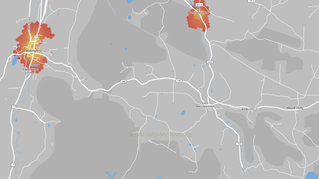 Walk Grade map of East Wallingford, VT, walkable areas in green and car-dependent areas in red