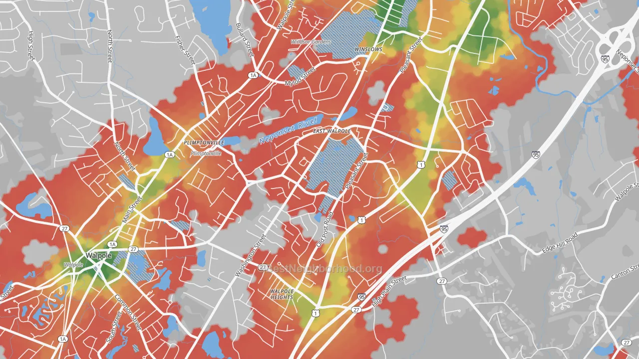 Walk Grade map of East Walpole, MA, walkable areas in green and car-dependent areas in red
