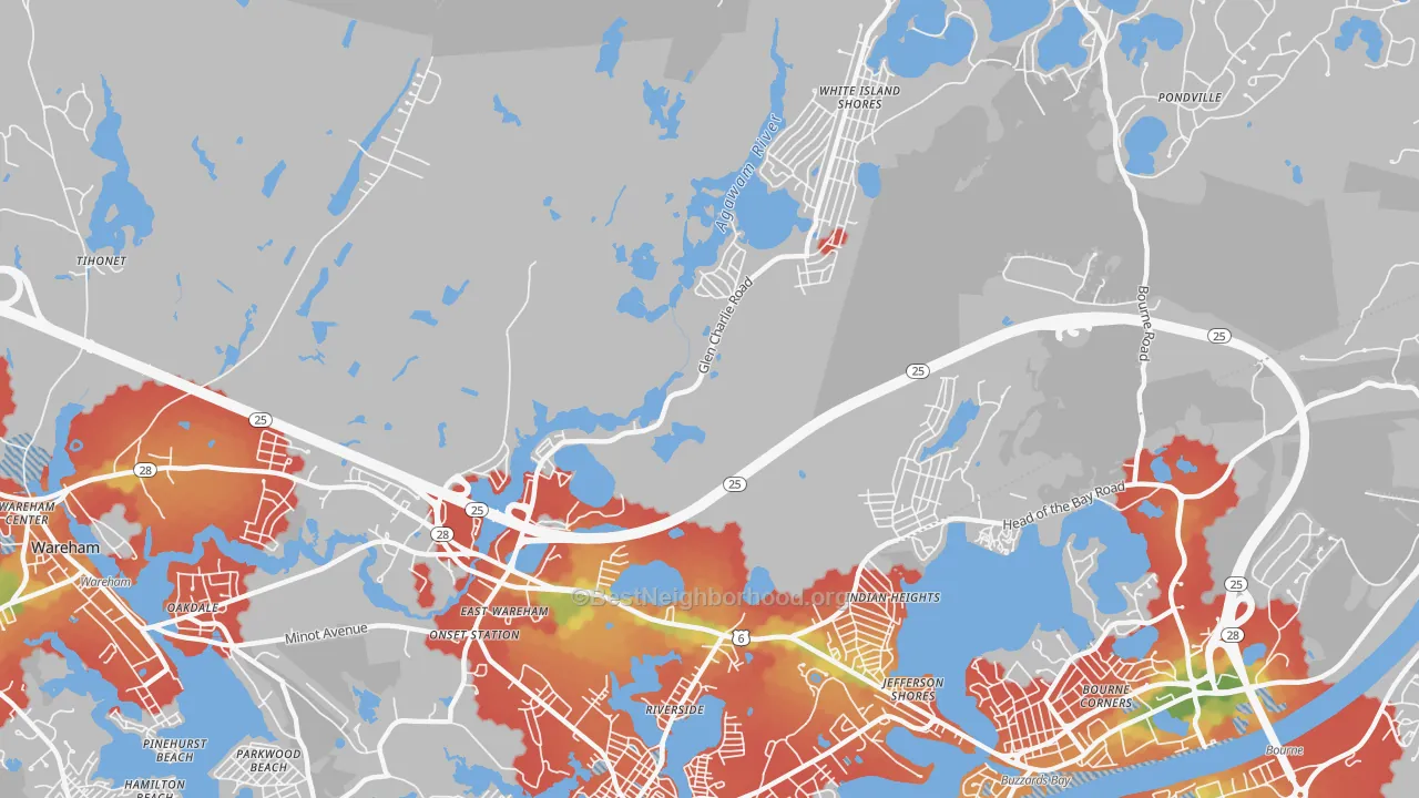 Walk Grade map of East Wareham, MA, walkable areas in green and car-dependent areas in red