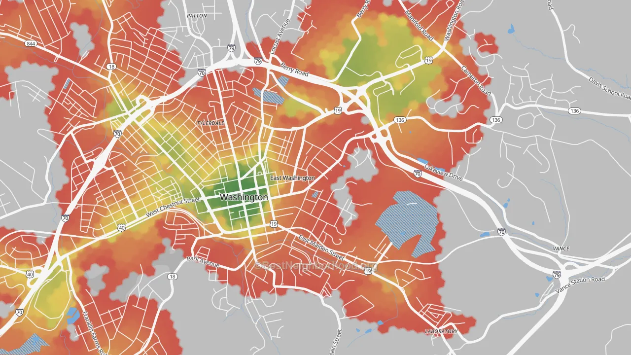 Walk Grade map of East Washington, PA, walkable areas in green and car-dependent areas in red