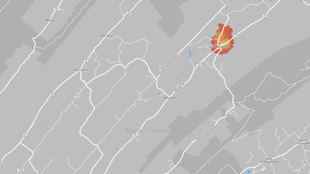 Walk Grade map of East Waterford, PA, walkable areas in green and car-dependent areas in red