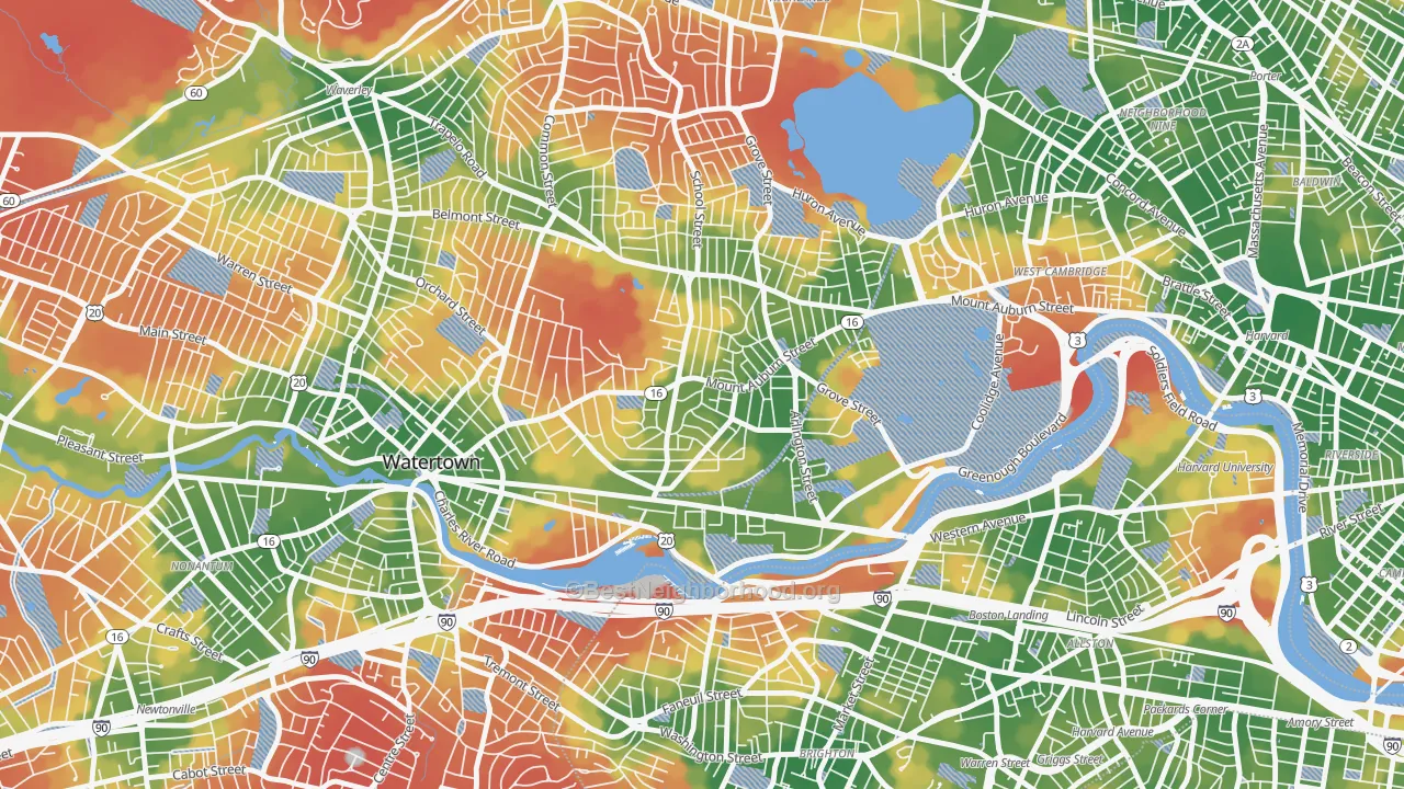 Walk Grade map of East Watertown, Watertown Town, MA, walkable areas in green and car-dependent areas in red