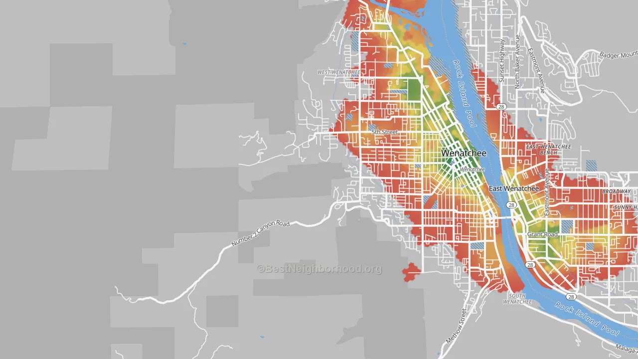 Walk Grade map of East Wenatchee Bench, WA, walkable areas in green and car-dependent areas in red