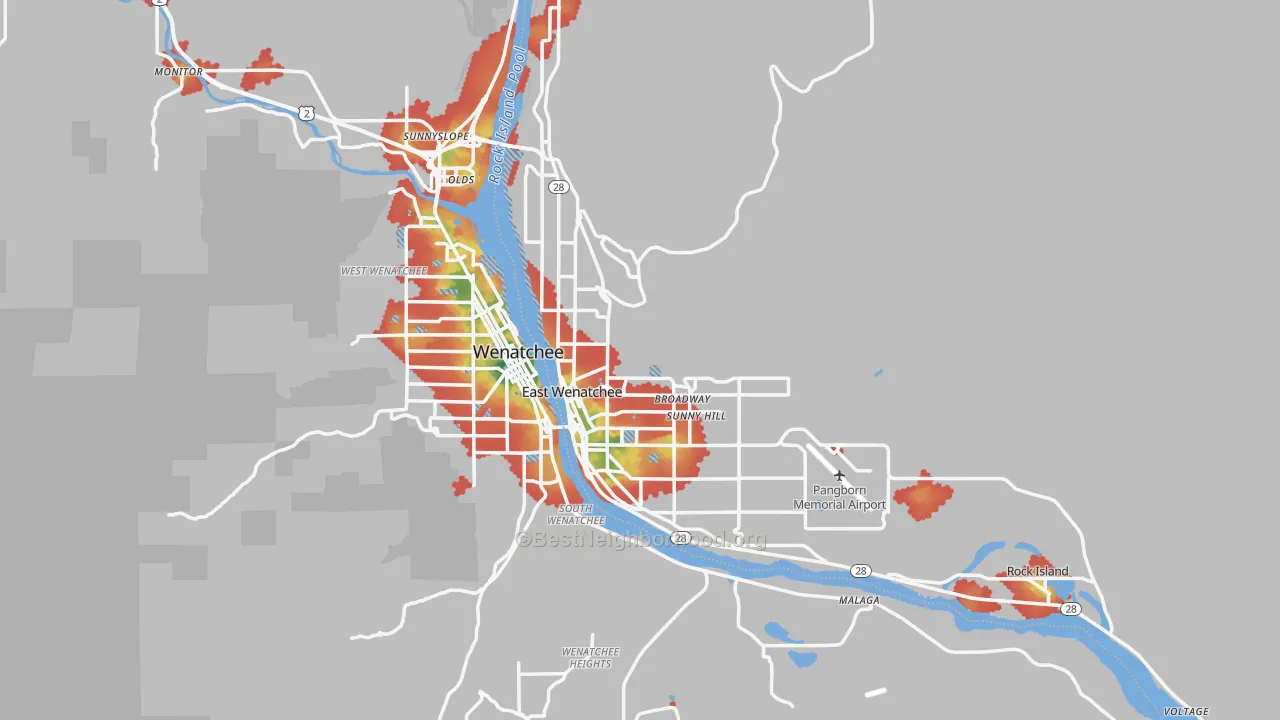 Walk Grade map of East Wenatchee, WA, walkable areas in green and car-dependent areas in red