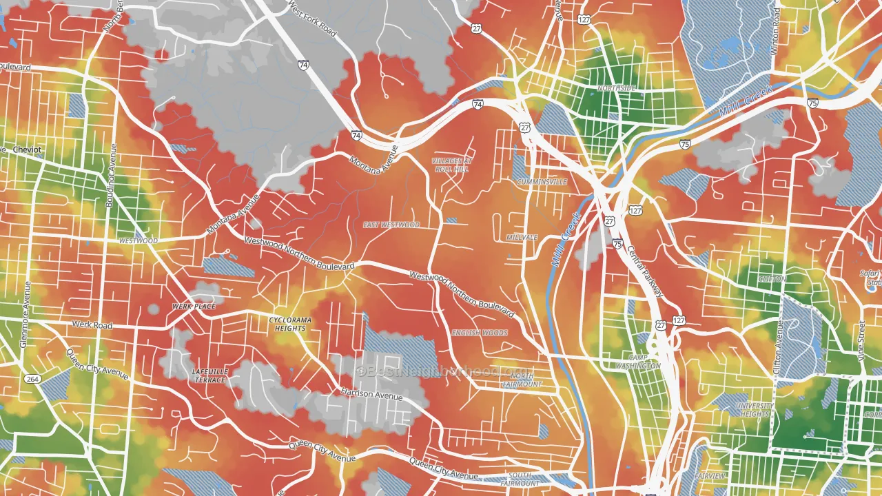Walk Grade map of East Westwood, Cincinnati, OH, walkable areas in green and car-dependent areas in red