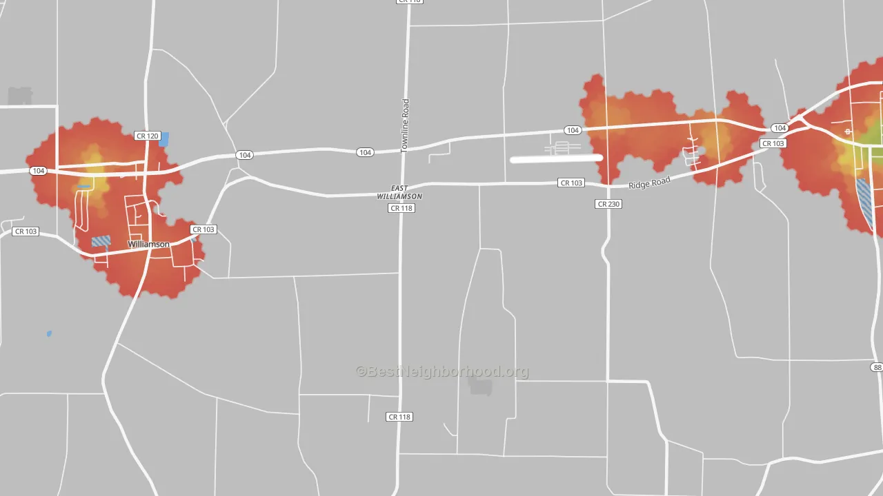 Walk Grade map of East Williamson, NY, walkable areas in green and car-dependent areas in red