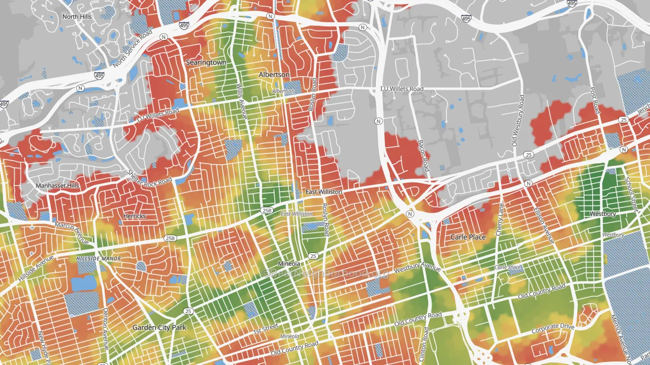 Walk Grade map of East Williston, NY, walkable areas in green and car-dependent areas in red