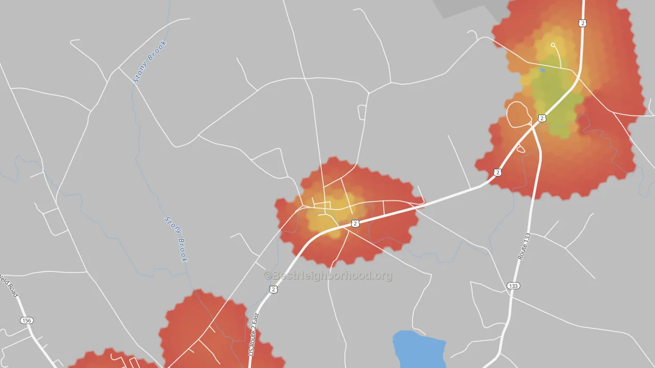 Walk Grade map of East Wilton, ME, walkable areas in green and car-dependent areas in red