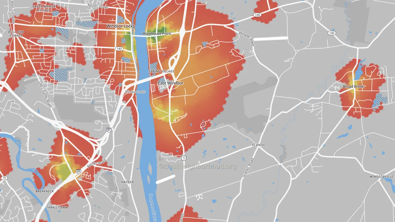 Walk Grade map of East Windsor, CT, walkable areas in green and car-dependent areas in red