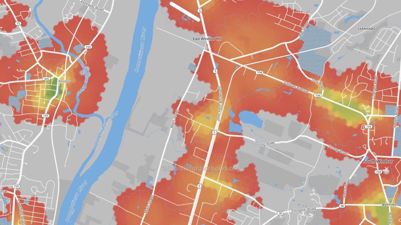 Walk Grade map of East Windsor Hill, CT, walkable areas in green and car-dependent areas in red