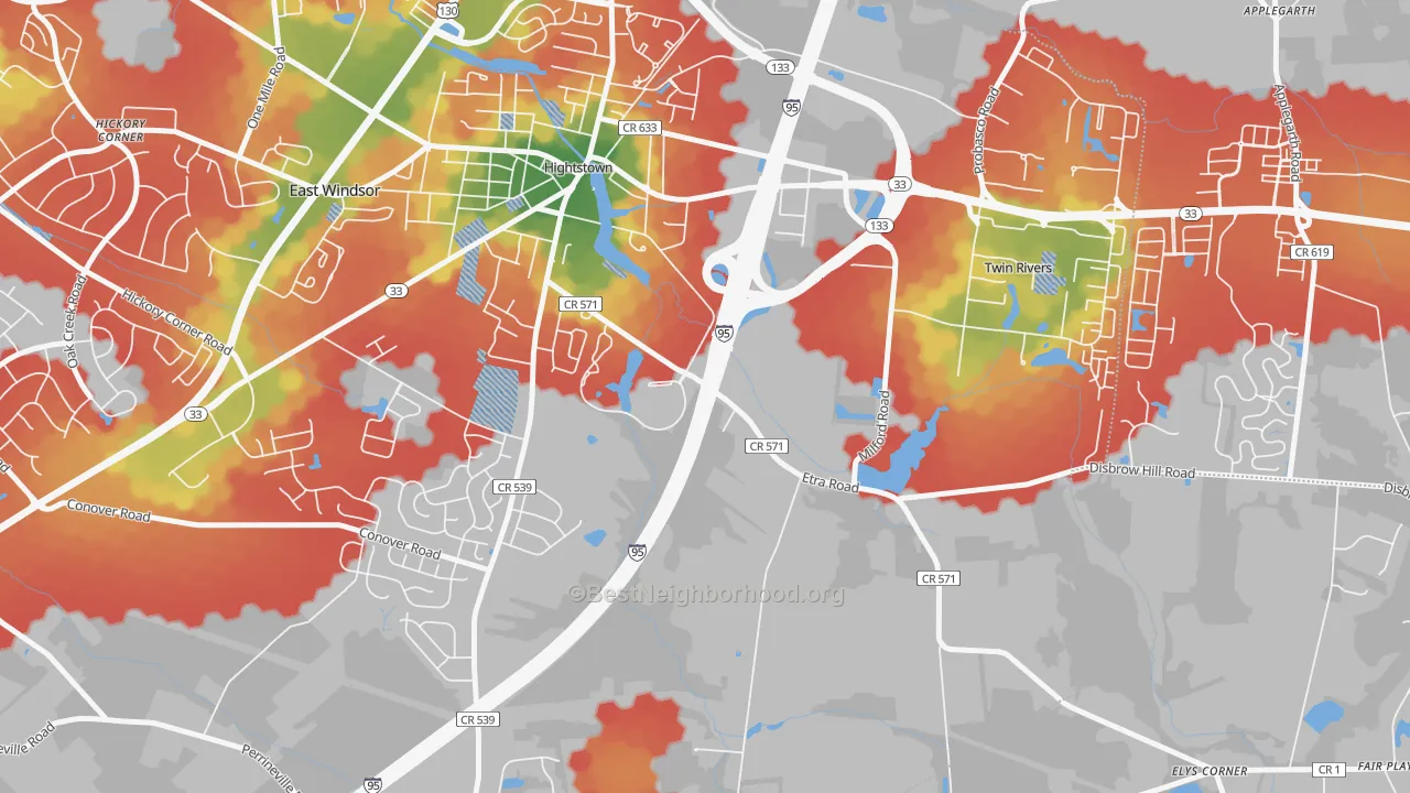Walk Grade map of East Windsor, NJ, walkable areas in green and car-dependent areas in red