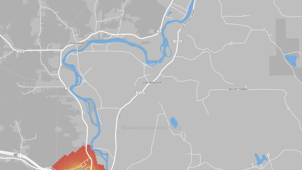 Walk Grade map of East Windsor, NY, walkable areas in green and car-dependent areas in red