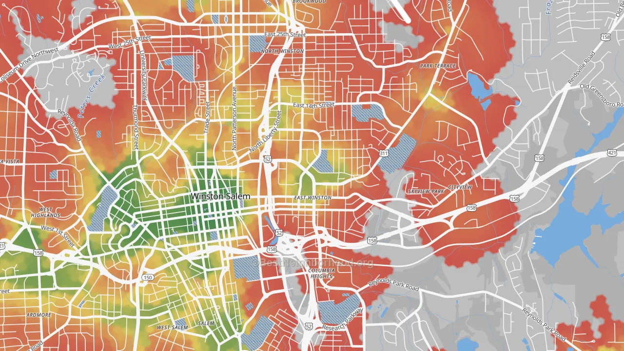 Walk Grade map of East Winston, Winston-Salem, NC, walkable areas in green and car-dependent areas in red