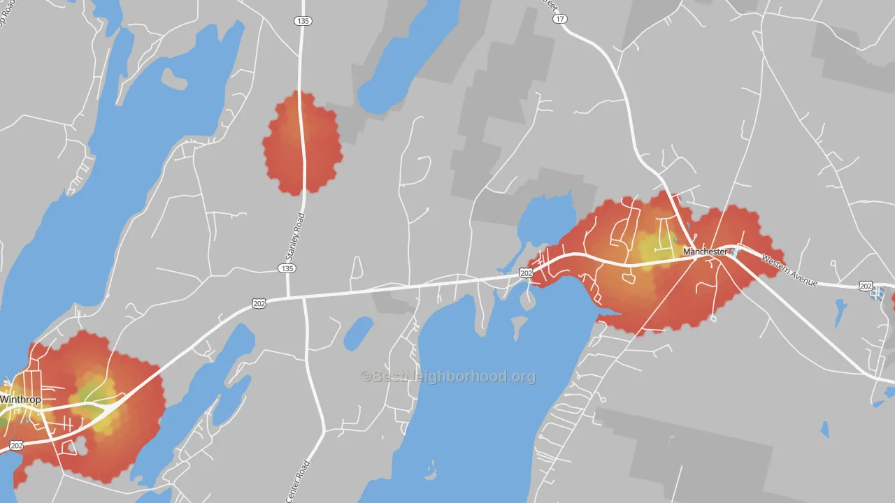 Walk Grade map of East Winthrop, ME, walkable areas in green and car-dependent areas in red