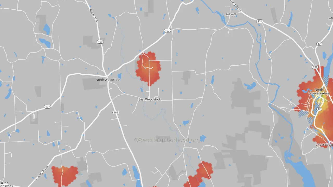 Walk Grade map of East Woodstock, CT, walkable areas in green and car-dependent areas in red
