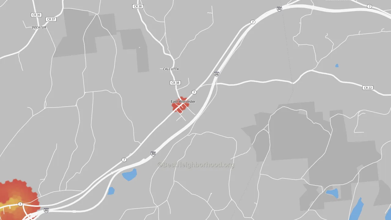 Walk Grade map of East Worcester, NY, walkable areas in green and car-dependent areas in red