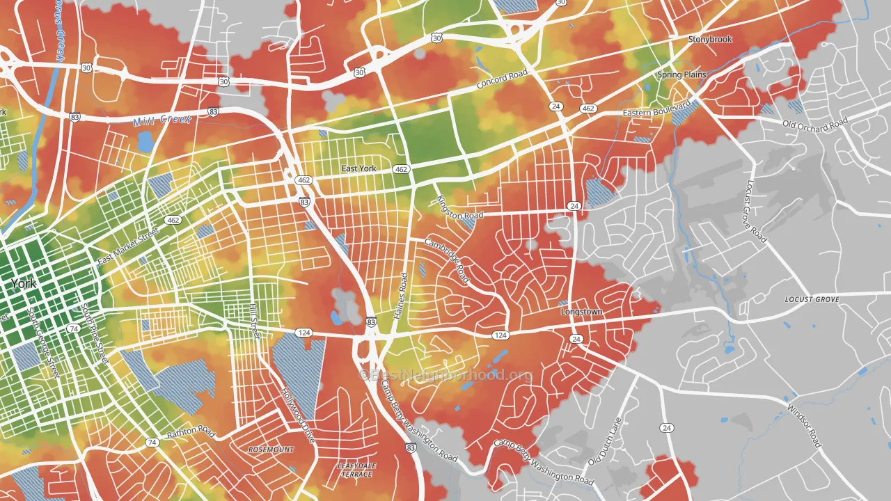 Walk Grade map of East York, PA, walkable areas in green and car-dependent areas in red