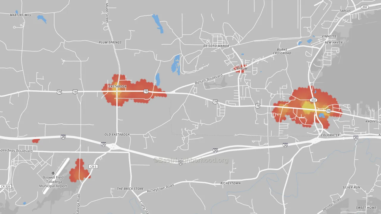 Walk Grade map of Eastaboga, AL, walkable areas in green and car-dependent areas in red