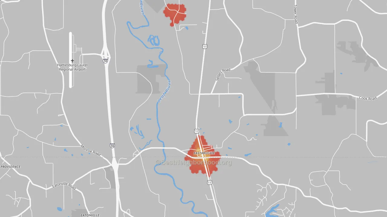 Walk Grade map of Eastabuchie, MS, walkable areas in green and car-dependent areas in red