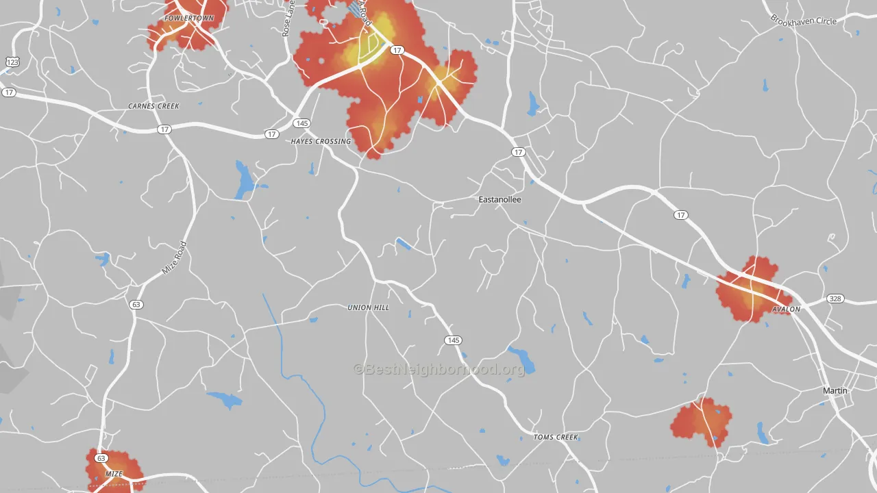 Walk Grade map of Eastanollee, GA, walkable areas in green and car-dependent areas in red