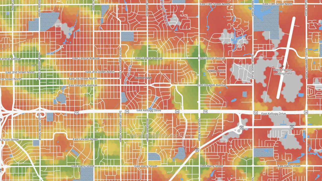 Walk Grade map of Eastborough, KS, walkable areas in green and car-dependent areas in red