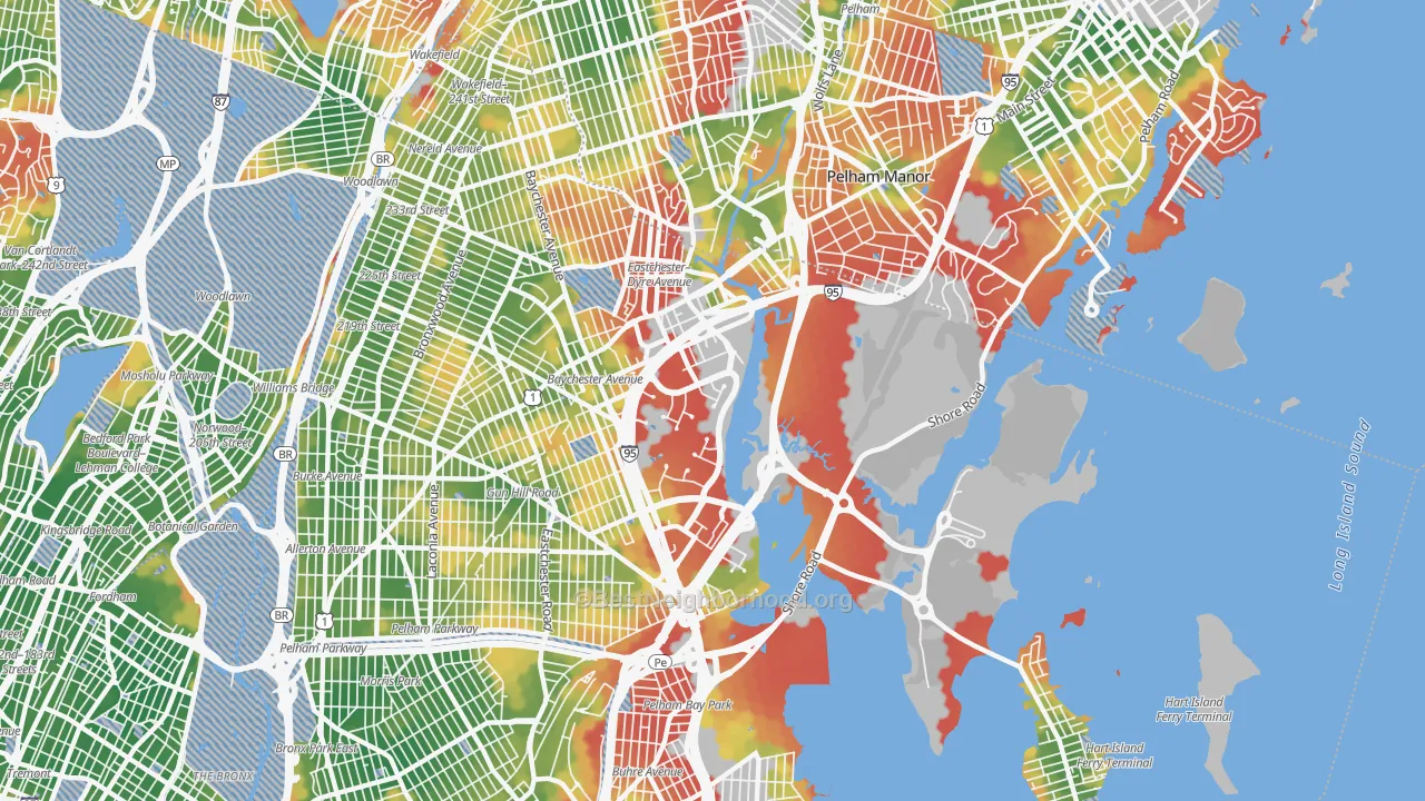 Walk Grade map of Eastchester, Bronx, NY, walkable areas in green and car-dependent areas in red