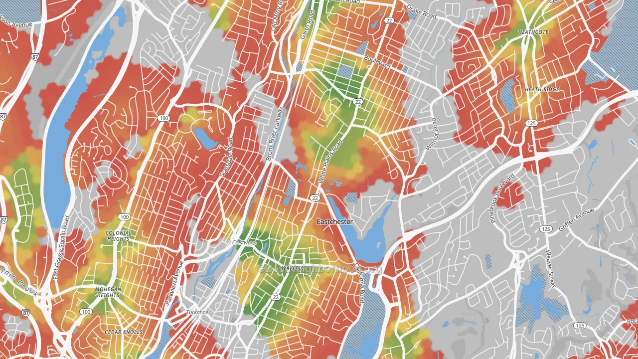 Walk Grade map of Eastchester, NY, walkable areas in green and car-dependent areas in red