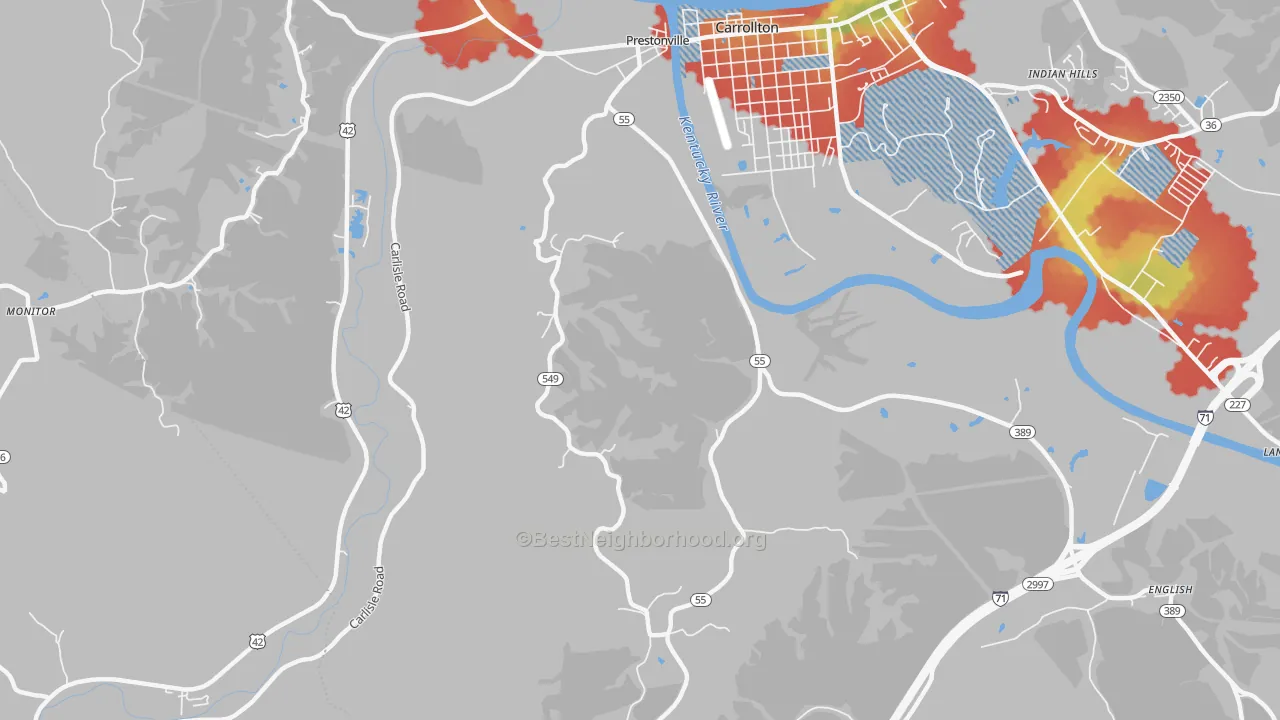 Walk Grade map of Easterday, KY, walkable areas in green and car-dependent areas in red