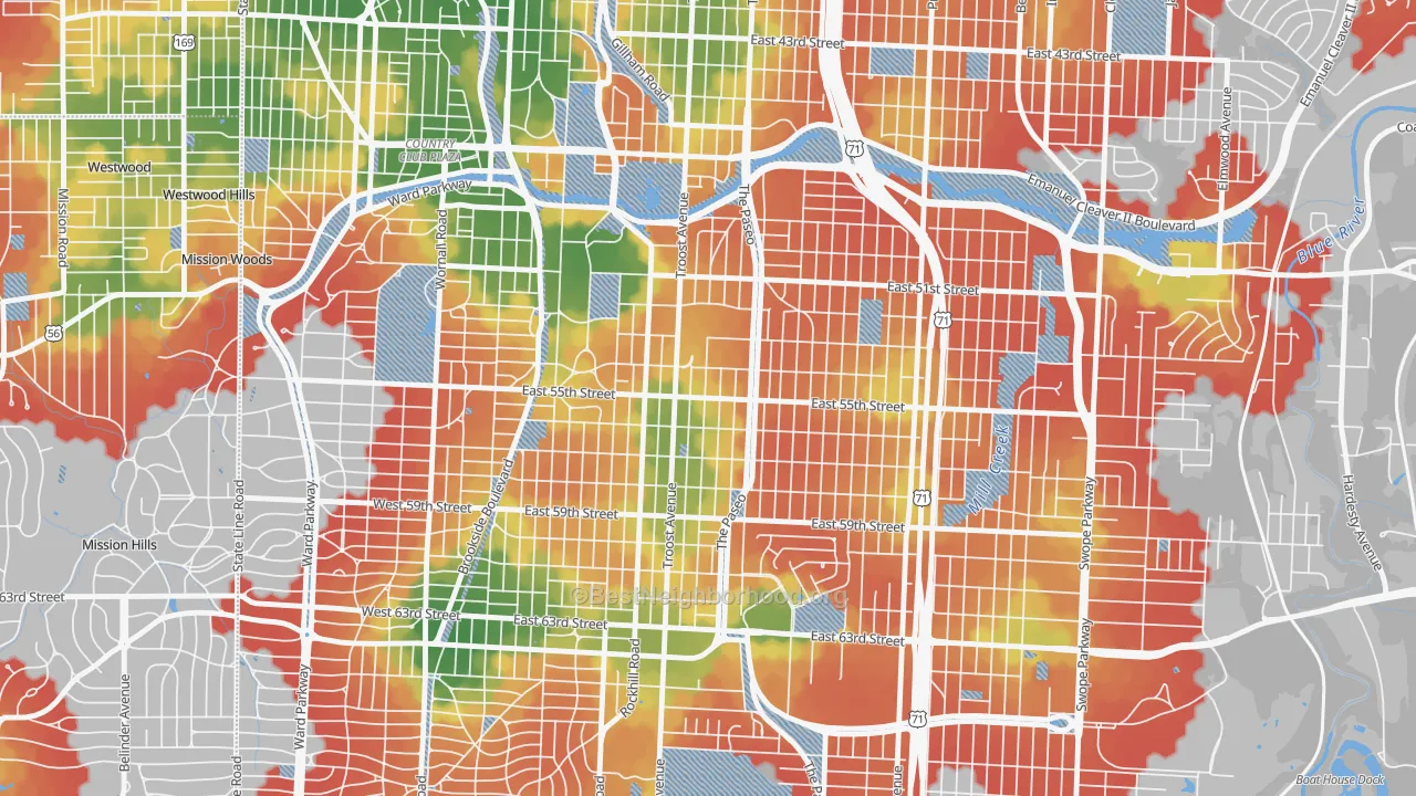 Walk Grade map of Eastern 49-63, Kansas City, MO, walkable areas in green and car-dependent areas in red