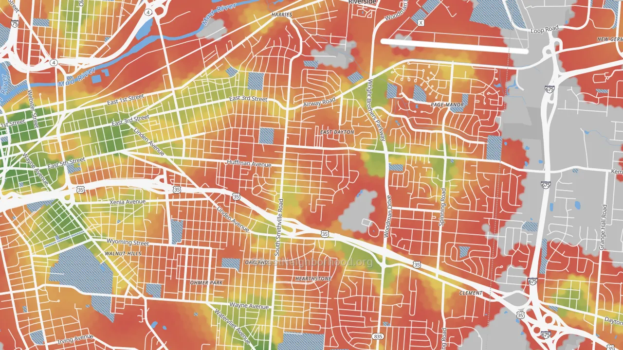 Walk Grade map of Eastern Hills, Dayton, OH, walkable areas in green and car-dependent areas in red