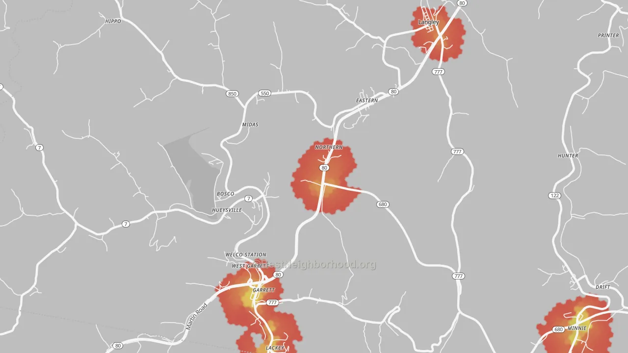 Walk Grade map of Eastern, KY, walkable areas in green and car-dependent areas in red