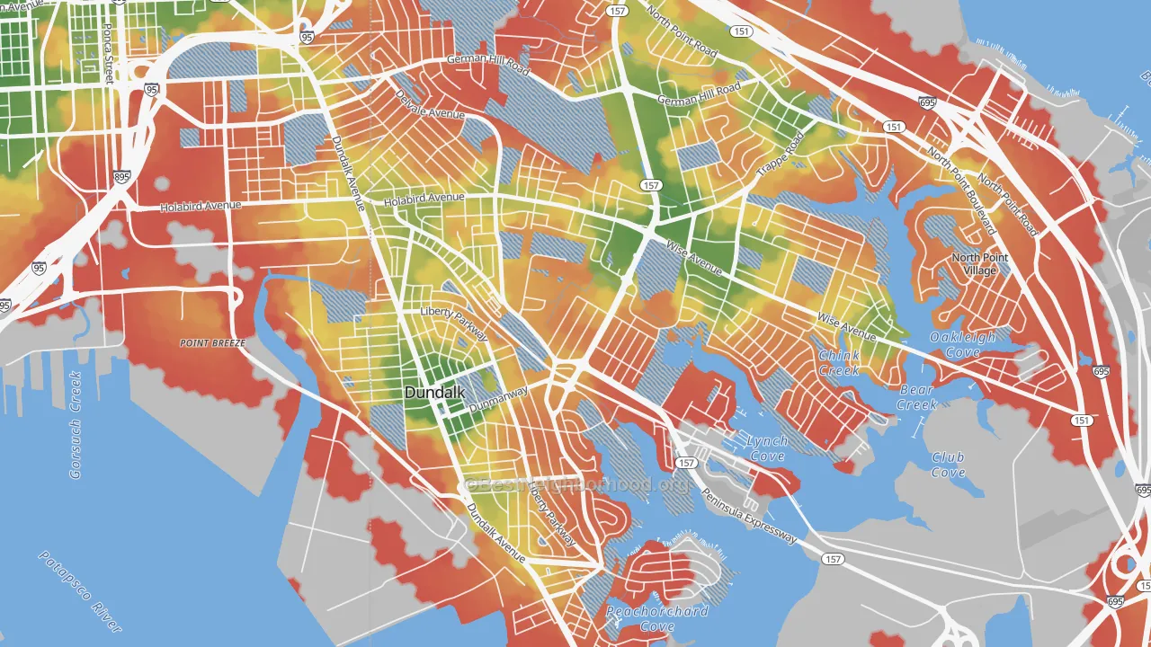 Walk Grade map of Eastfield, Dundalk, MD, walkable areas in green and car-dependent areas in red
