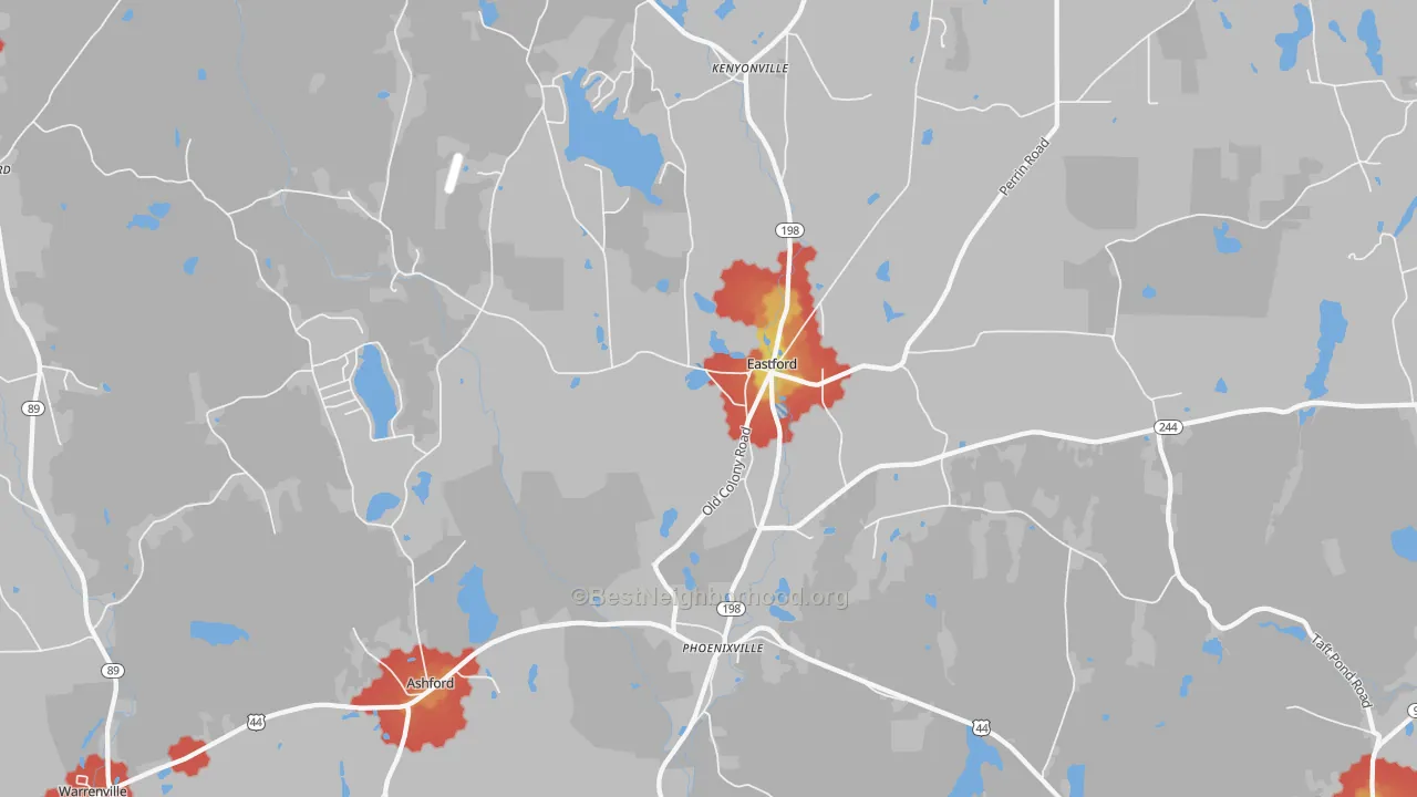 Walk Grade map of Eastford, CT, walkable areas in green and car-dependent areas in red