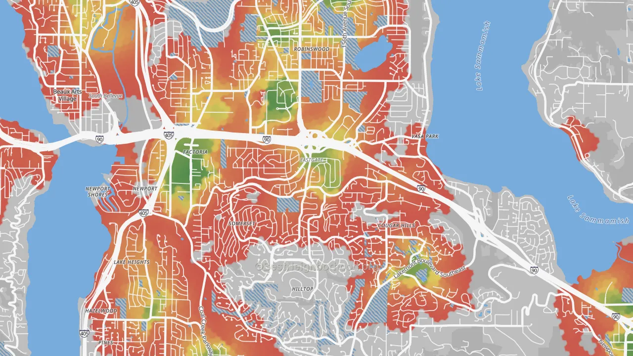 Walk Grade map of Eastgate, Bellevue, WA, walkable areas in green and car-dependent areas in red