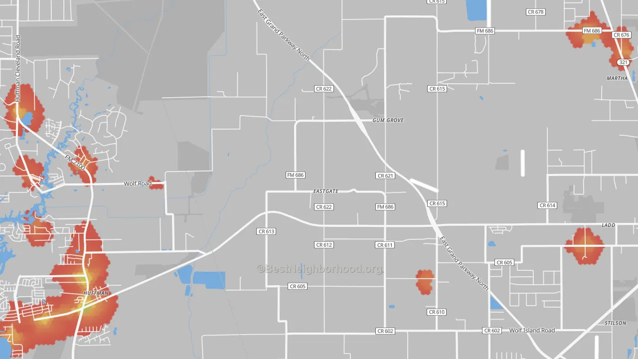 Walk Grade map of Eastgate, TX, walkable areas in green and car-dependent areas in red