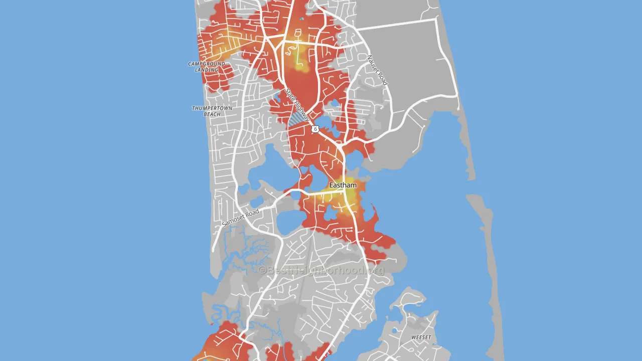Walk Grade map of Eastham, MA, walkable areas in green and car-dependent areas in red