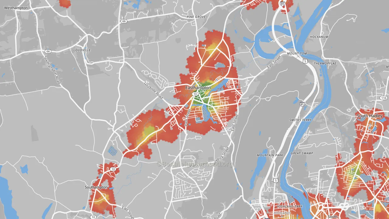 Walk Grade map of Easthampton, MA, walkable areas in green and car-dependent areas in red